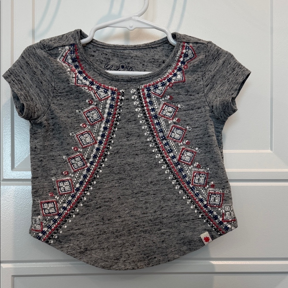 Lucky Brand Gray Tee with Red and White Patterns